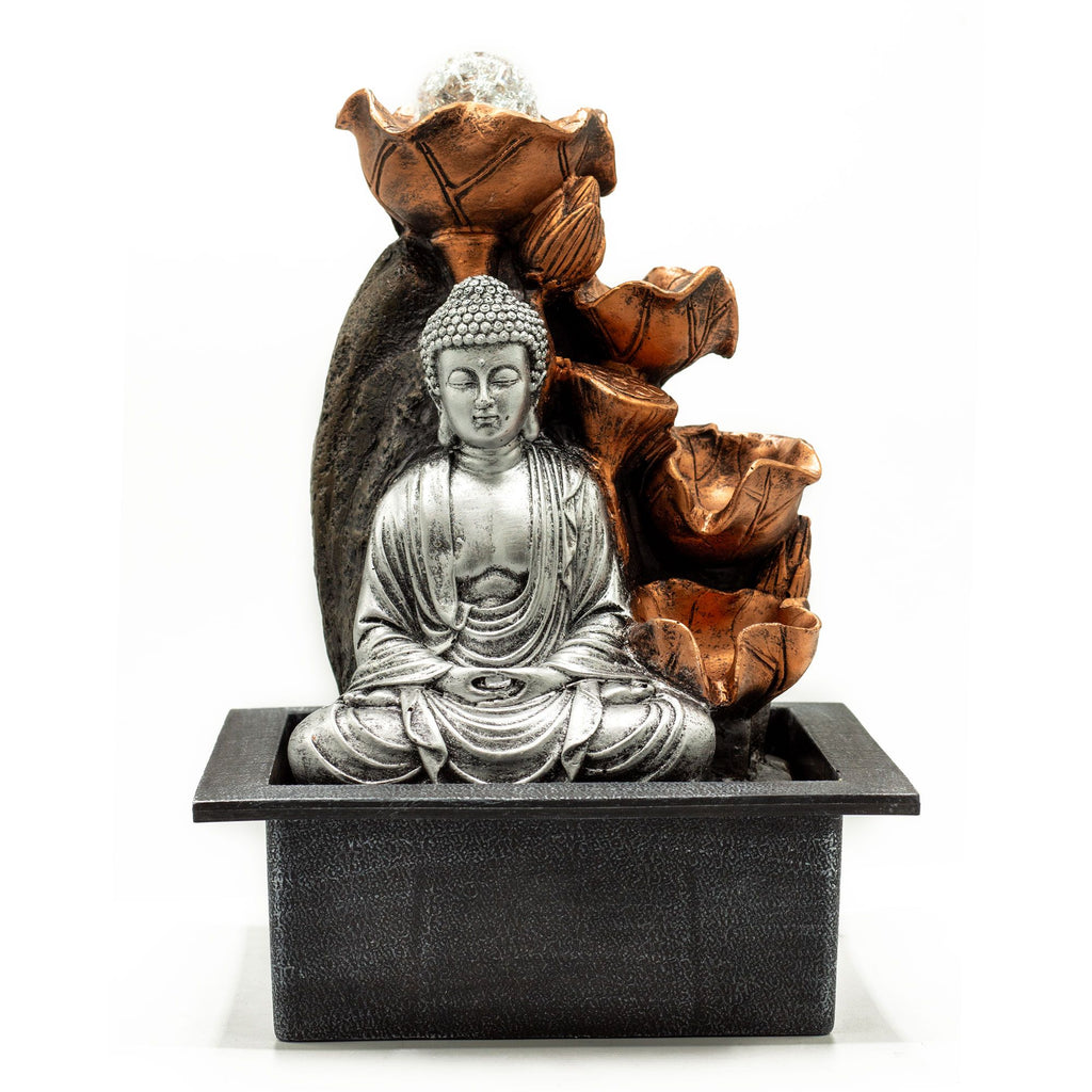 Tabletop Water Feature 35cm Silver Buddha Cascade with Crystal Ball