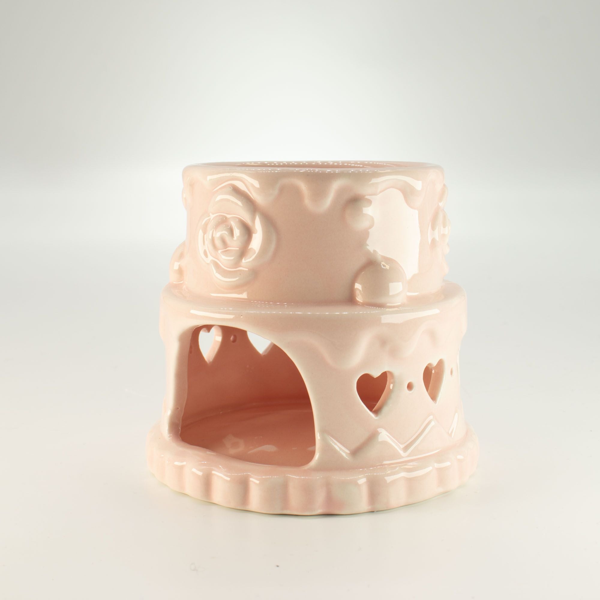 Ceramic Cake Oil Burner with Hearts Design in Charming Pink Shade