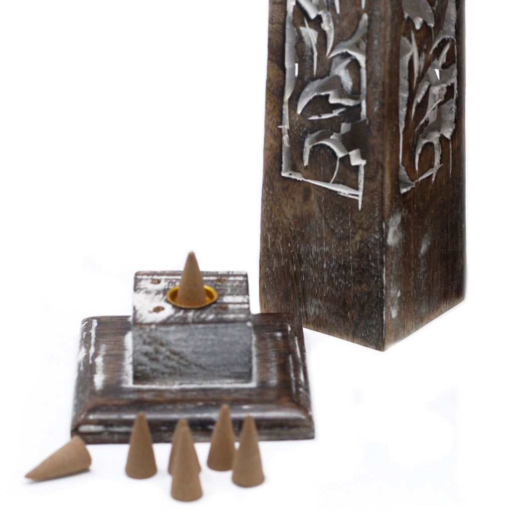 Tapered Incense Tower in Washed Mango Wood for Home Decor