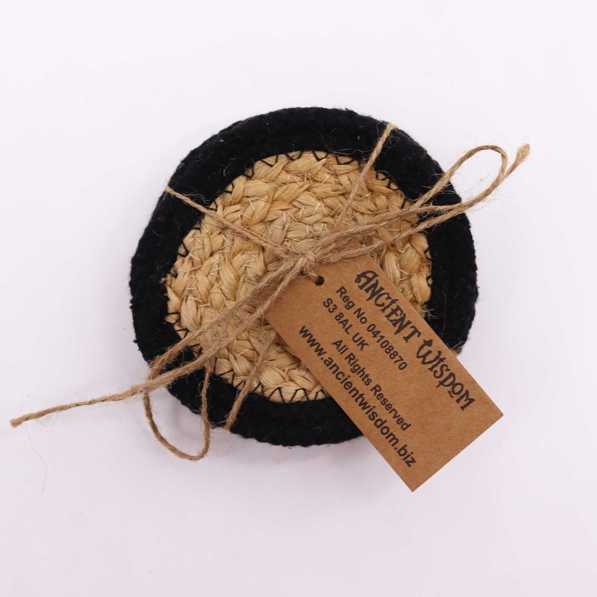 Natural Coaster Set of 4 Jute and Cotton with Black Border