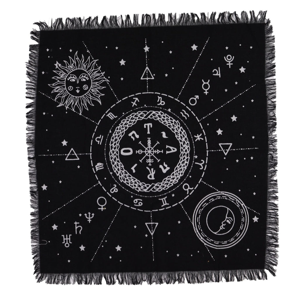 Esoteric Fringed Altar Cloth Featuring Moon and Sun Chart Design