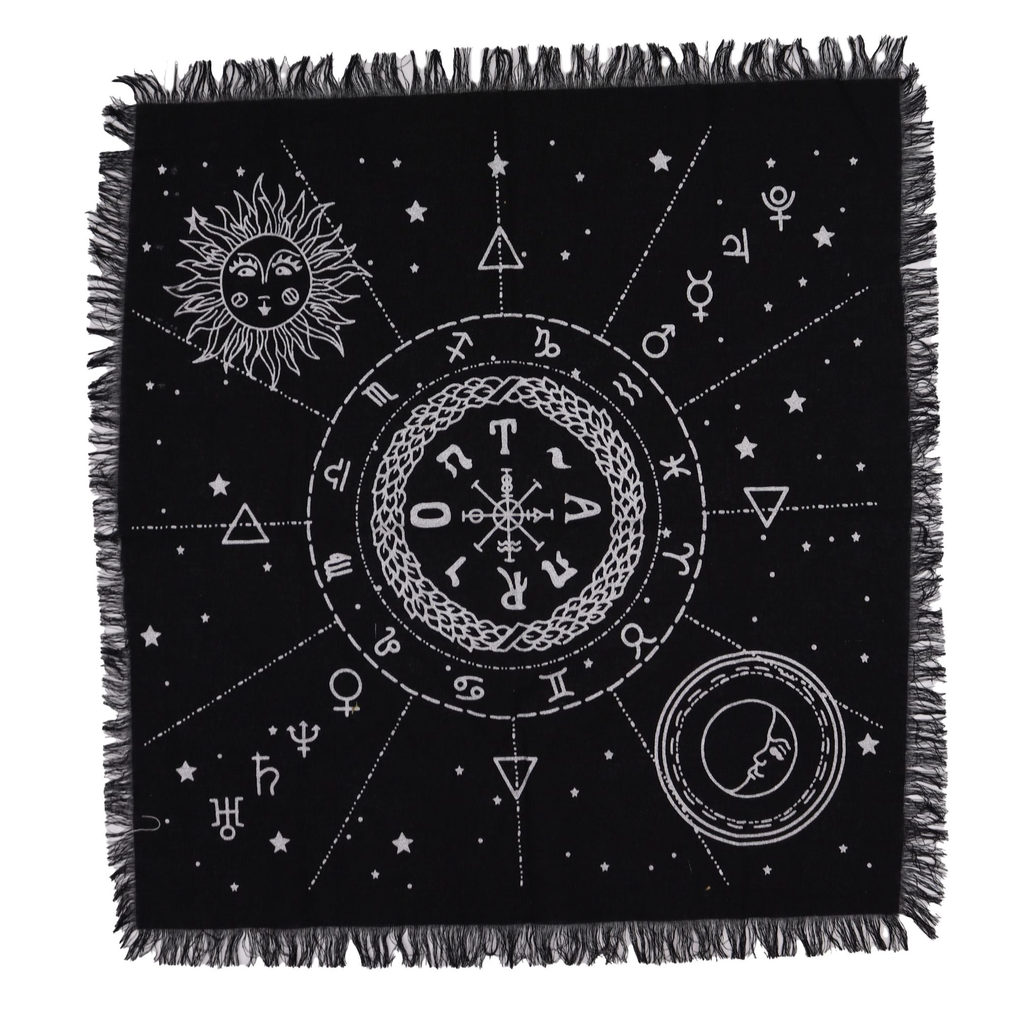 Esoteric Fringed Altar Cloth Featuring Moon and Sun Chart Design