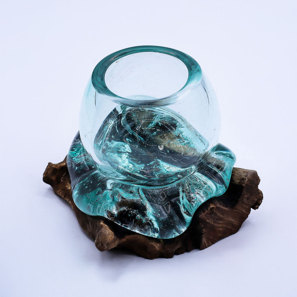 Molten Glass Mini Goldfish Bowl on Wood for Unique Décor
