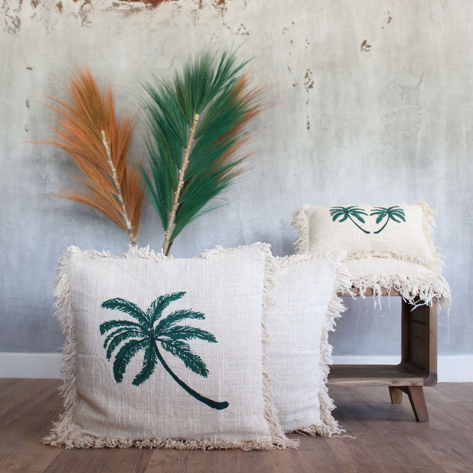 Linen Cushion Cover 45x45cm with Palm Tree and Fringe Design