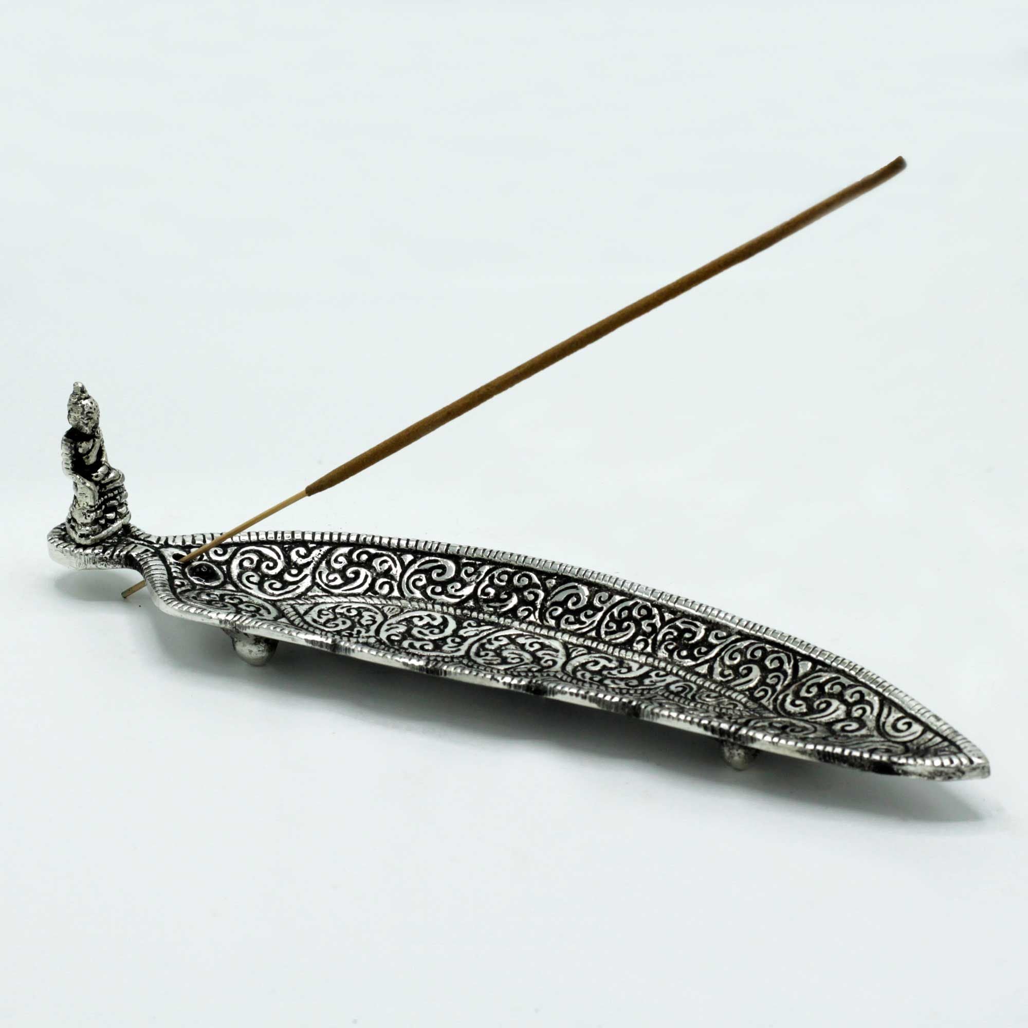 Polished Aluminium Buddha Long Shaped Incense Holder 23cm Design
