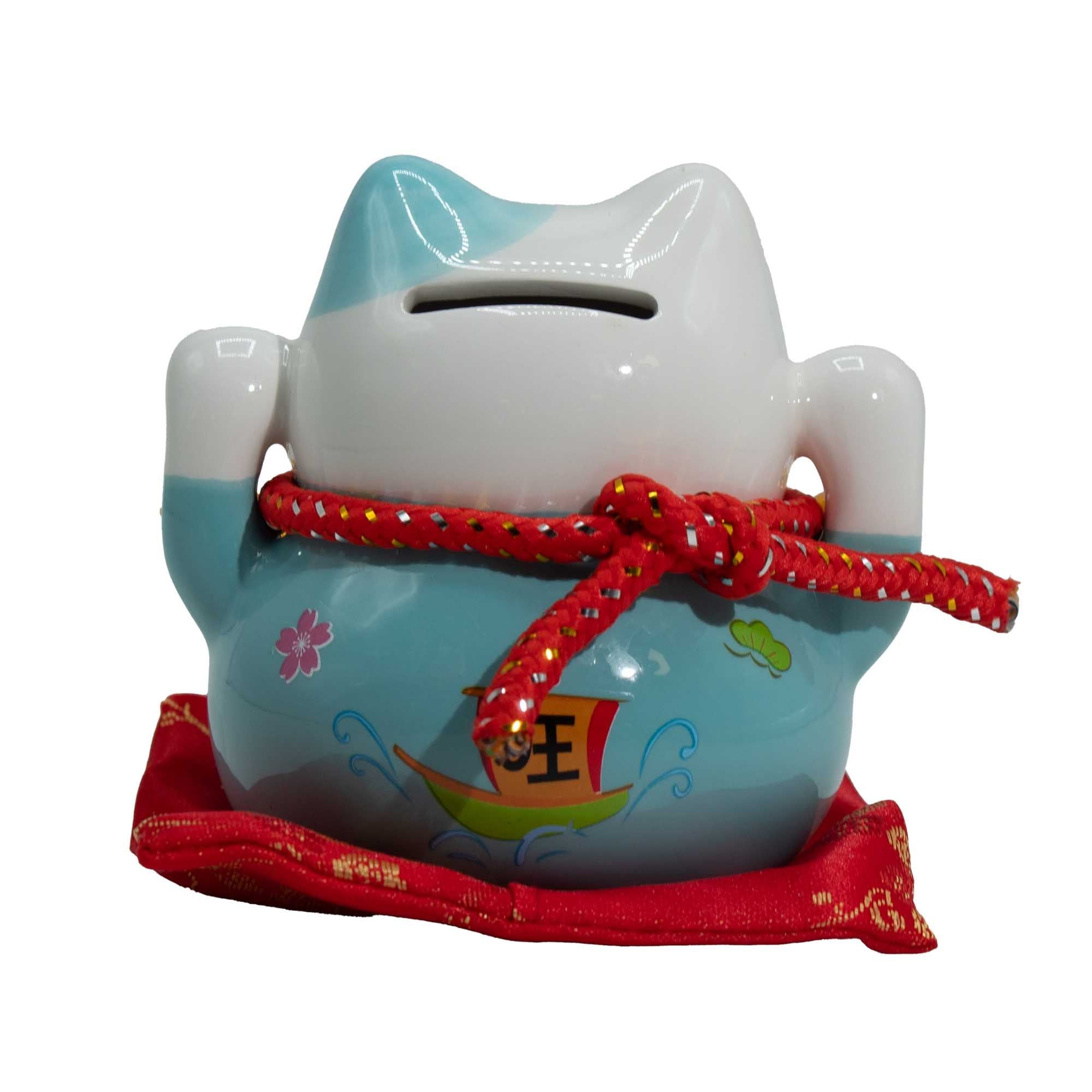 Ceramic Money Cat Bank in Blue on Cushion for Home Decor Accent