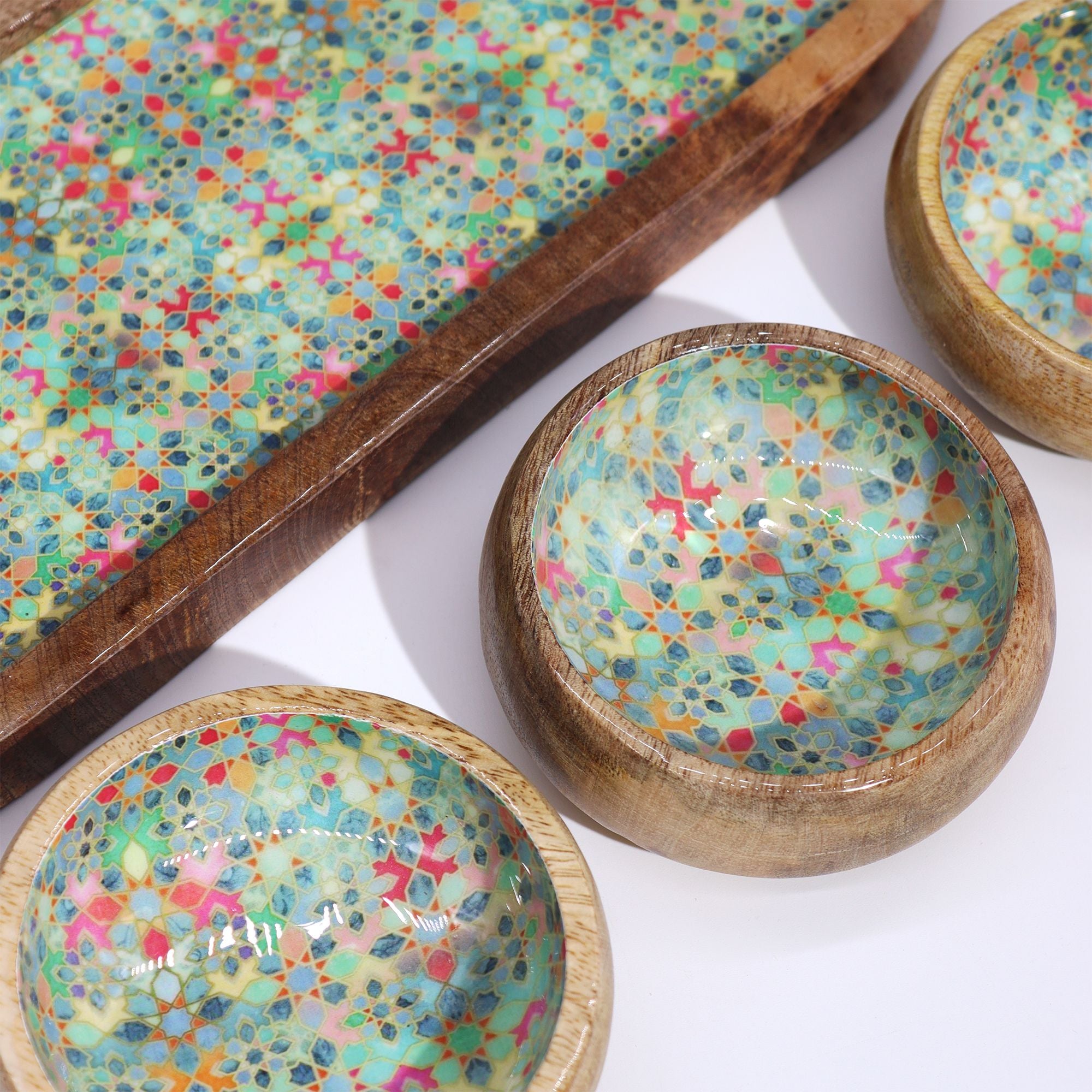 Mango Wood Serving Tray with 3 Ceramic Bowls Mediterranean Design