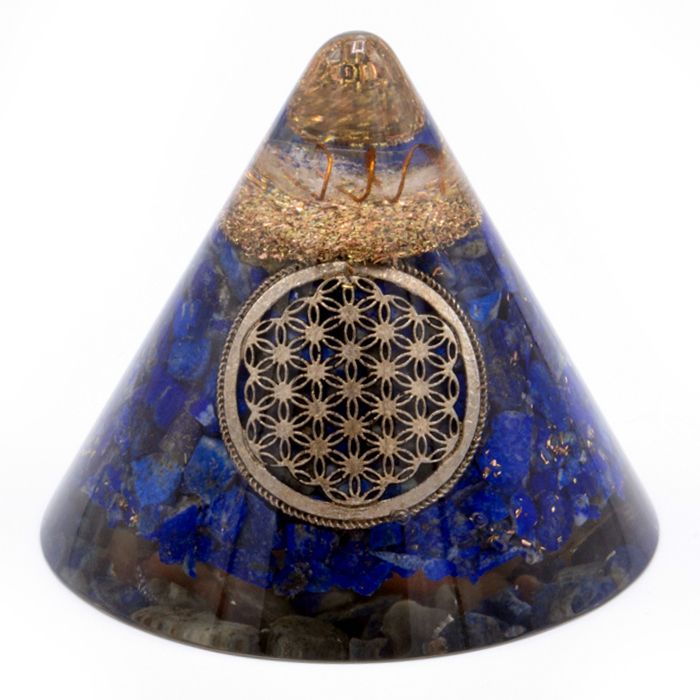 Elegant Orgonite Cone Featuring Lapis Flower of Life and Quartz Gem
