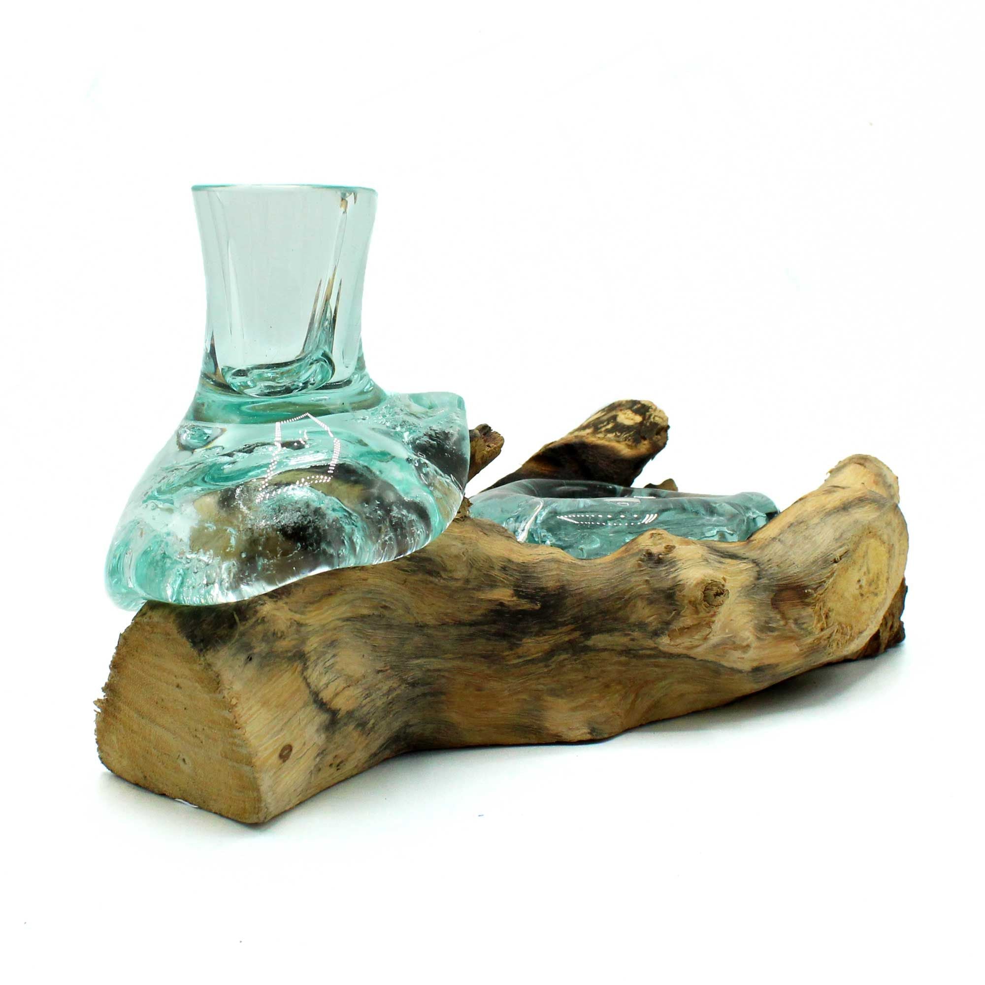 Molten Glass Small Flower Vase and Tealight Holder on Wood Base