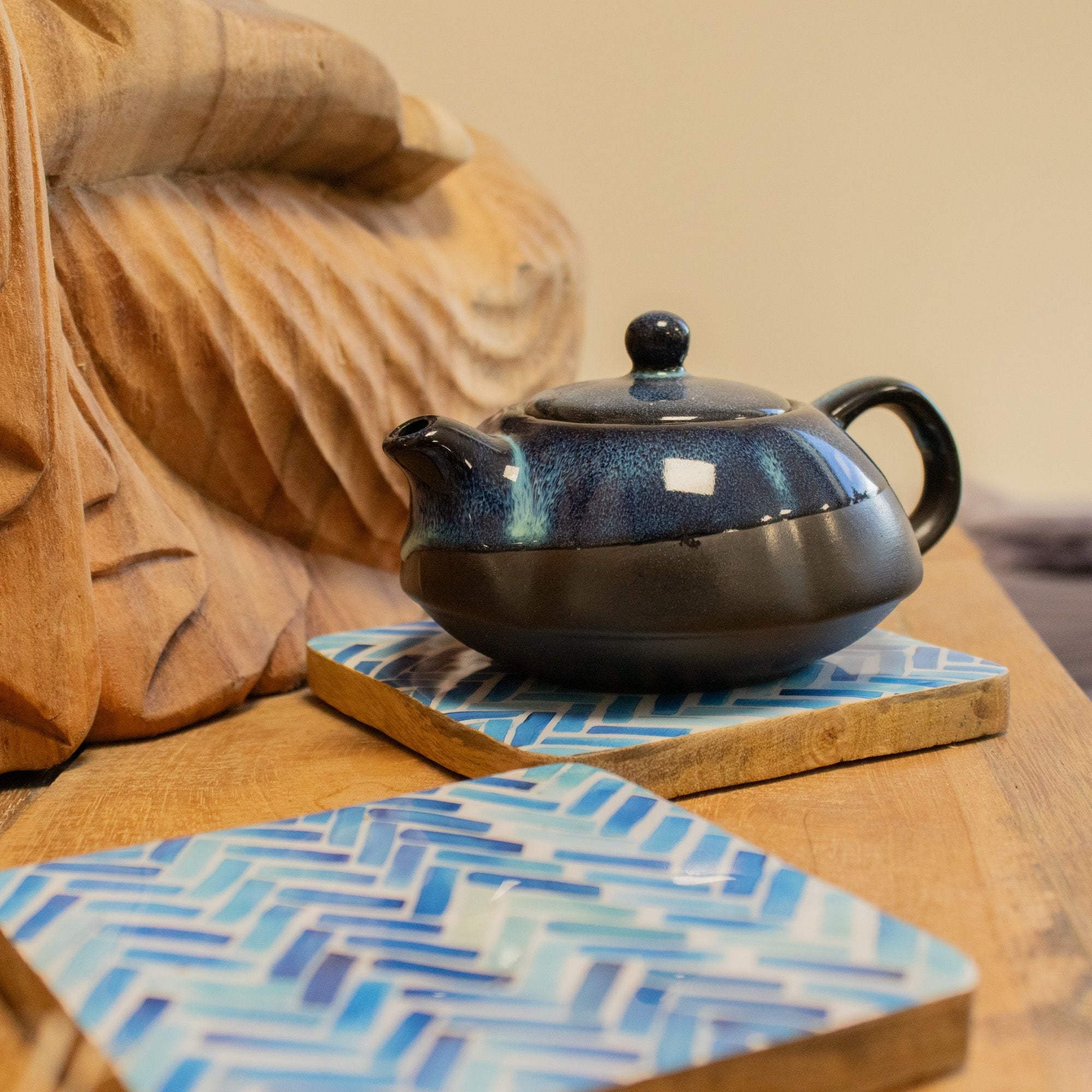 Set of 4 Square Coasters with Blue Stripes for Home Decor