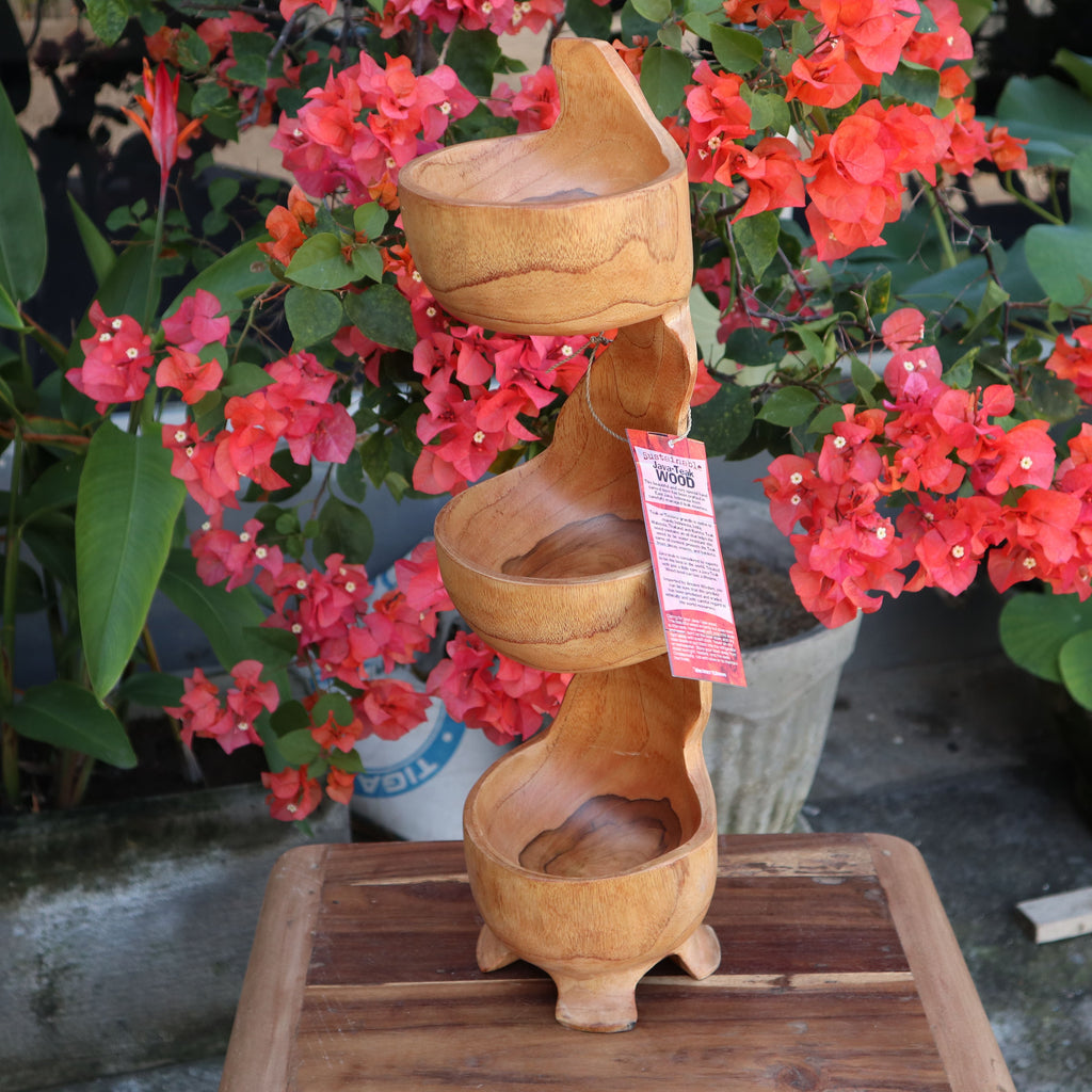 Teak Three Bowl Standing Display for Unique Home Decor Accent