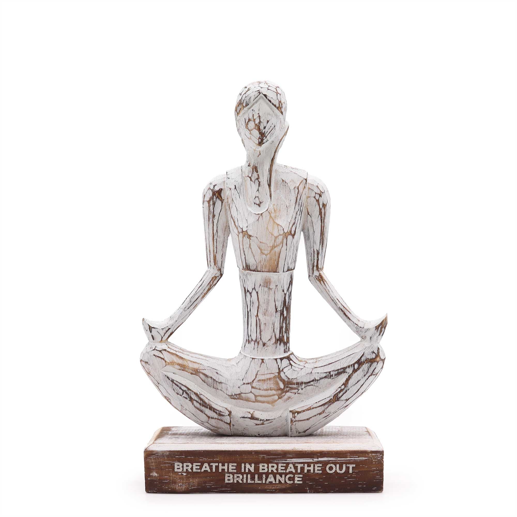 Wooden Yoga Lady in Whitewash Easy Pose for Home Decor Display