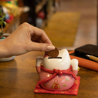 Japanese Lucky Cat Ceramic Money Box on Cushion – Pink