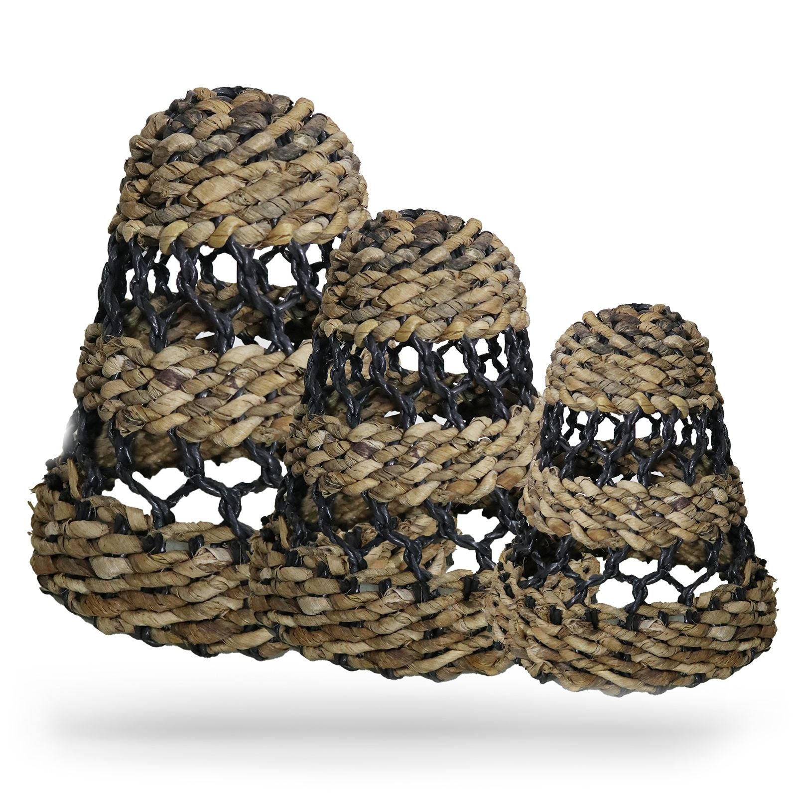Set of 3 Natural Banana Leaf and Hitam Raffia Lamp Shades