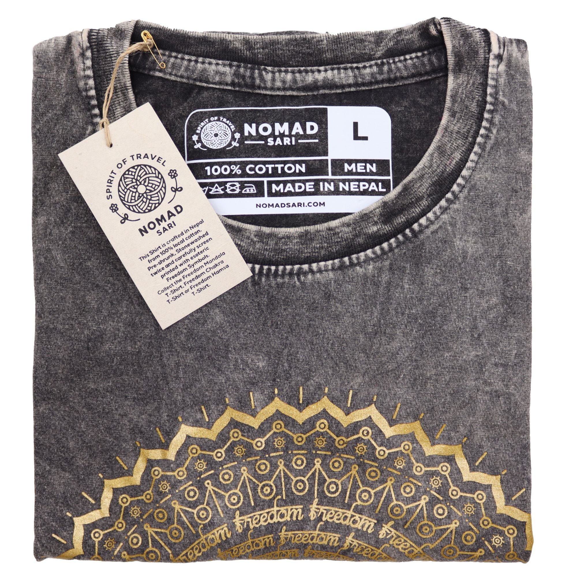 Nomad Sari Stonewashed Cotton T Shirt with Hamsa Design Grey