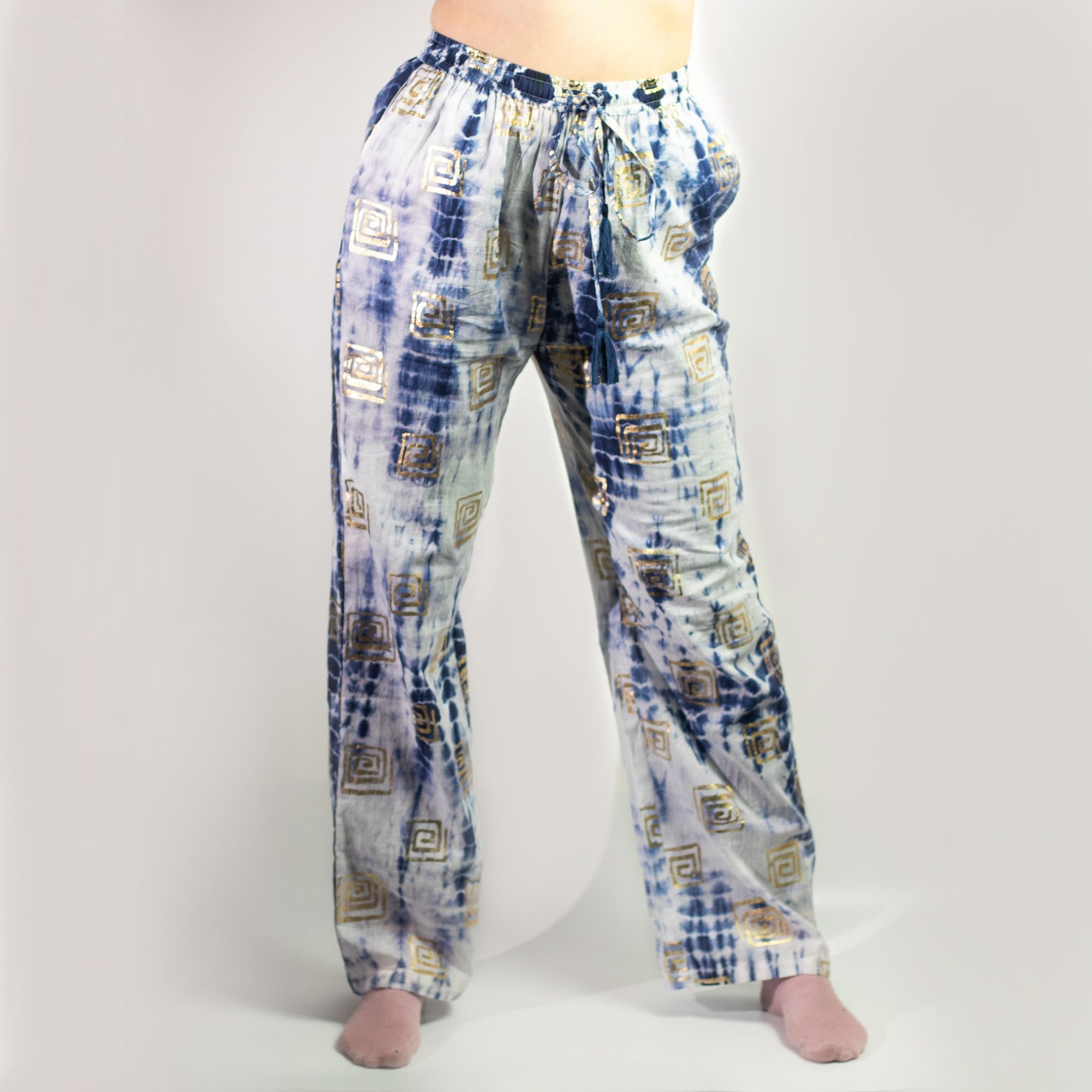 Nomad Sari Lounge Pants L/XL in Blue Tie Dye with Gold Motif