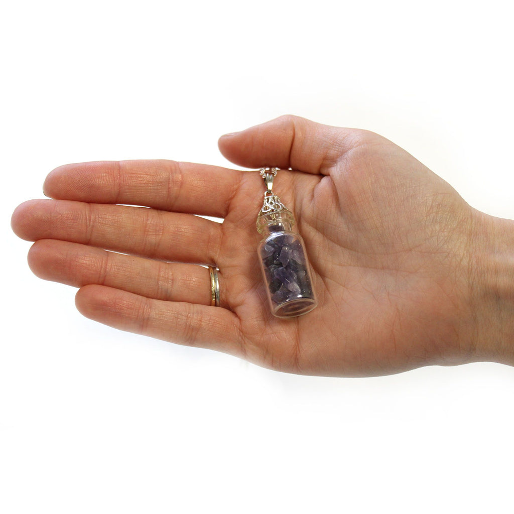 Bottled Gemstones Necklace with Amethyst Stones in Vial