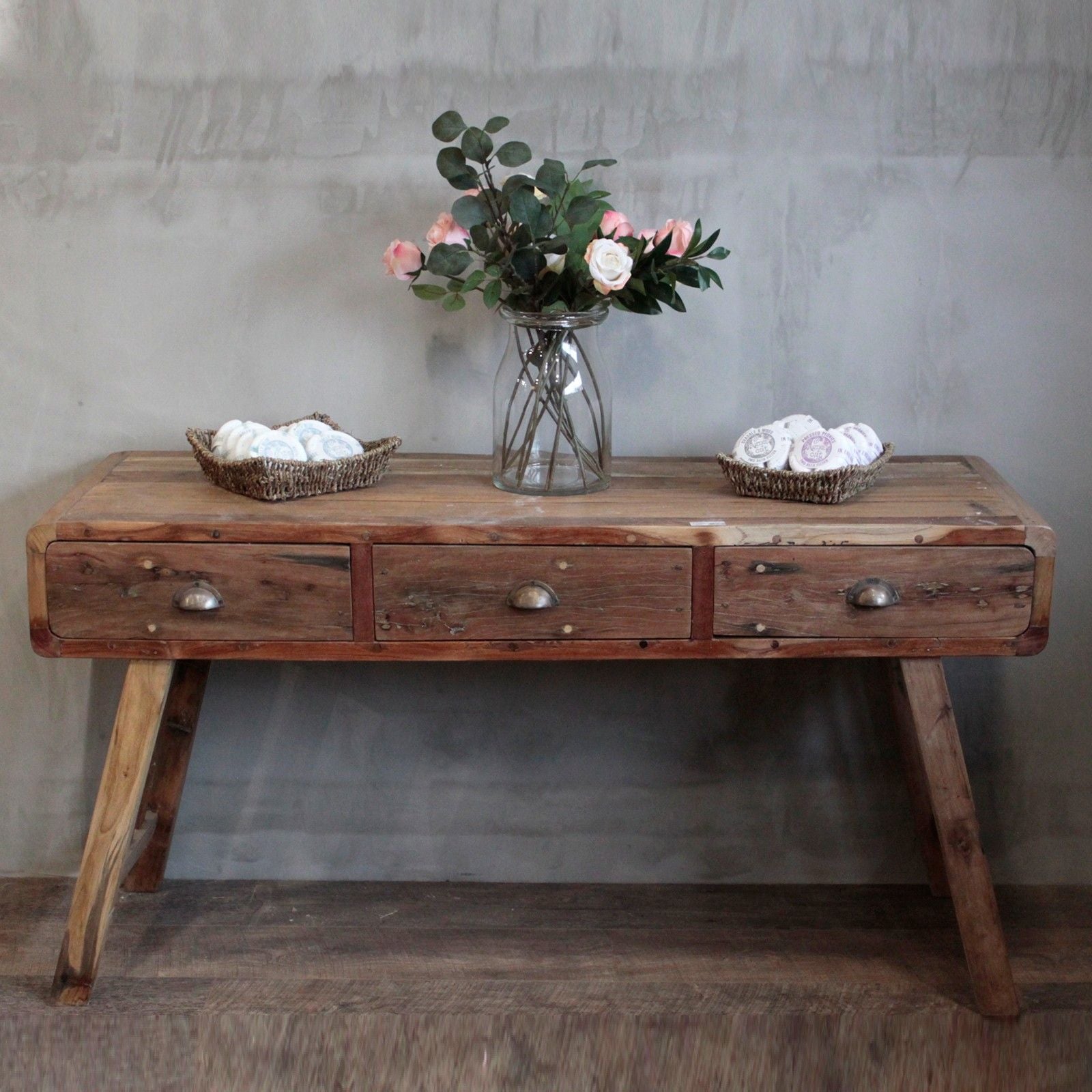 Console Table in Recycled Wood with Three Drawers for Storage