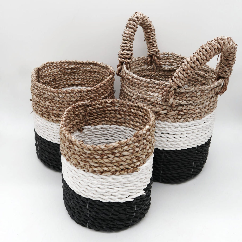 Seagrass Basket Set Dark Grey White Natural for Home Organisation