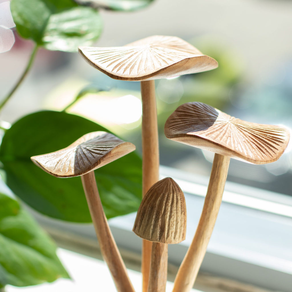 Handmade Parasite Wood Art Carving Set of 4 Large Mushrooms