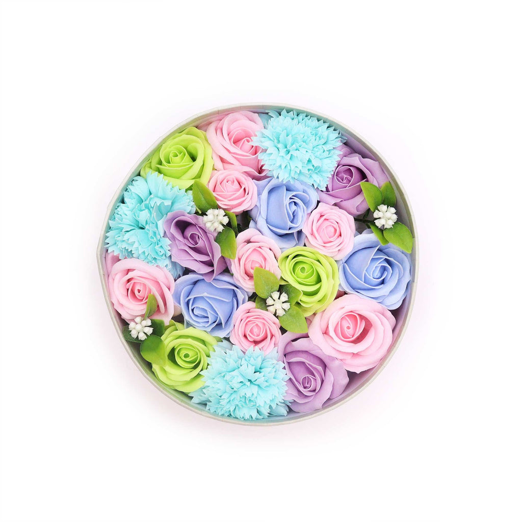 Round Box Baby Blessings Gift with Soap Flowers in Soothing Blues