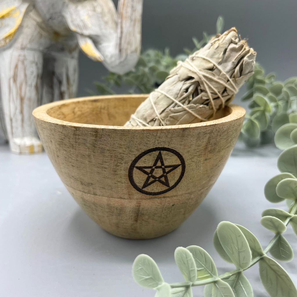 Wooden Smudge and Ritual Offerings Bowl with Pentagram Design