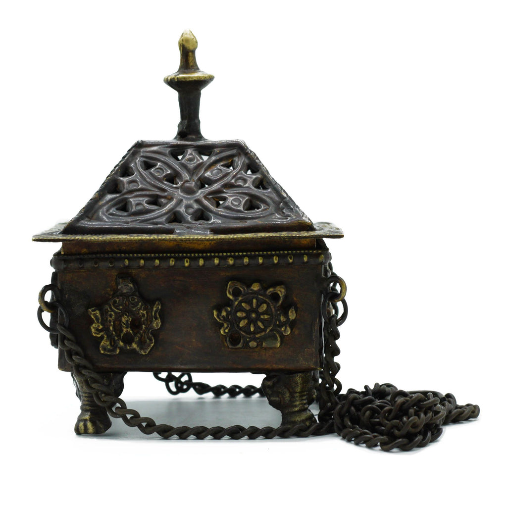 Brass Tibetan Burner with Eight Auspicious Symbols Square Hanging Pot