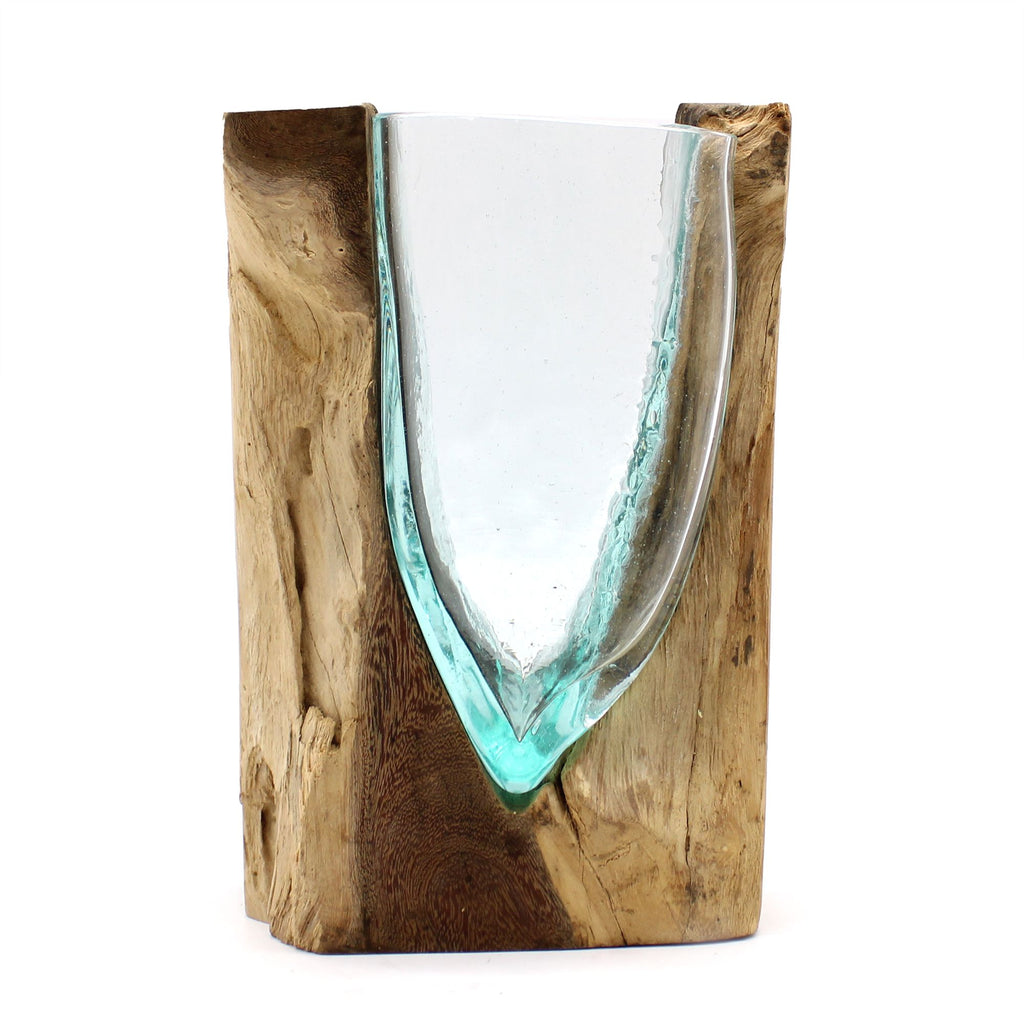 Molton Glass V Shaped Art Vase on Wood for Home Decor