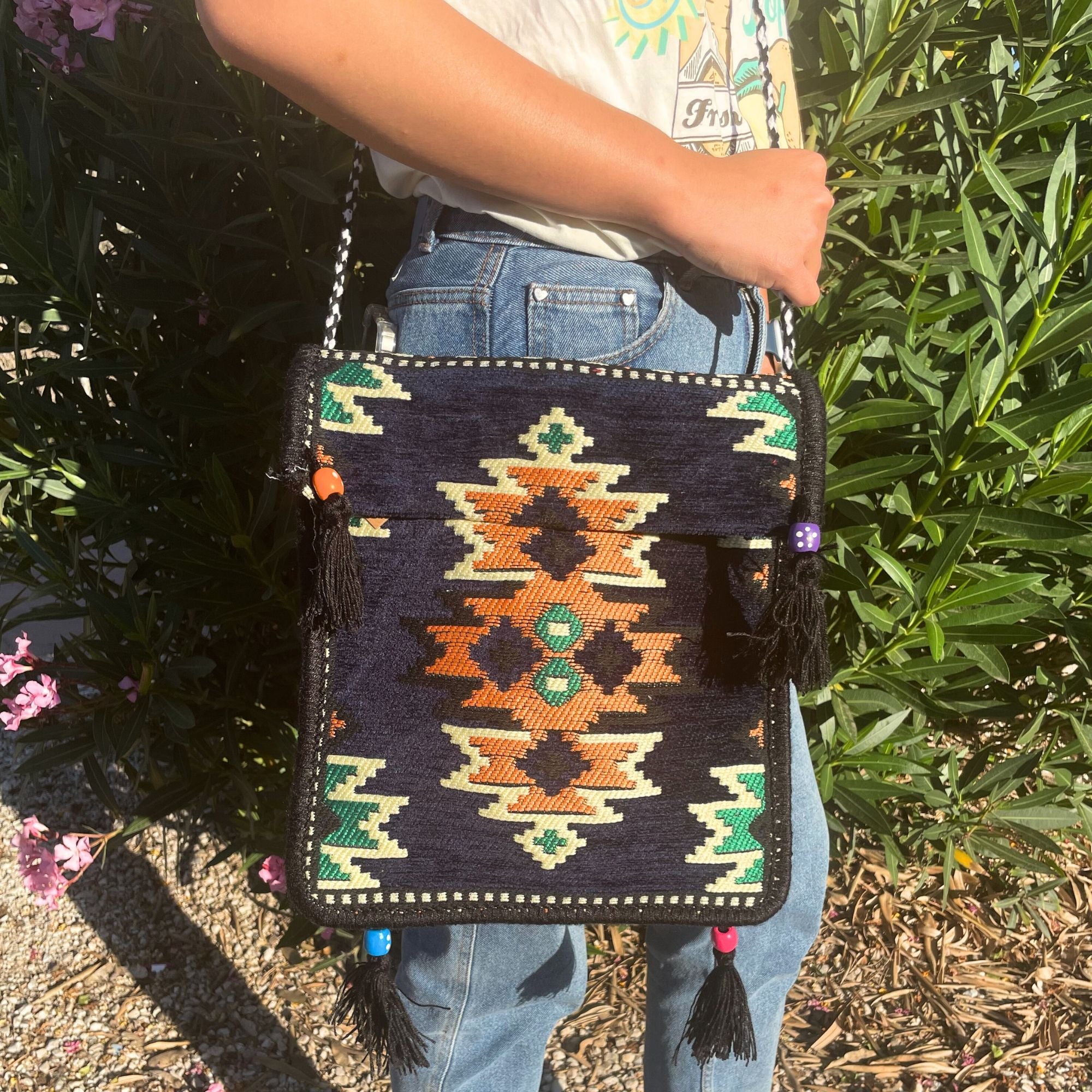 Dark Navy Kilim Messenger Festival Bag for Summer Outings