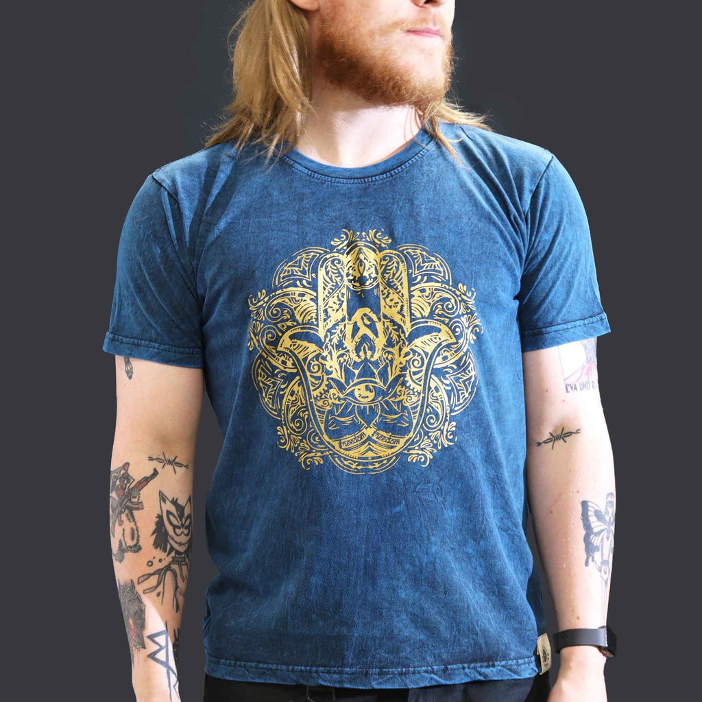 Nomad Sari Hamsa Blue Stonewashed Cotton T Shirt in Large Size
