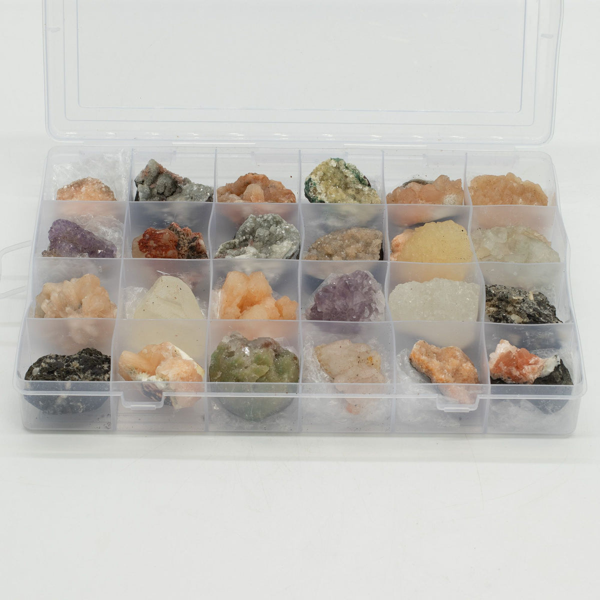 Mineral Specimens - Mixed Indian Zeolites in a Display (White Apophyllite, Stilbite,Finger Quartz, Amethyst, Green Stilbite, Heulandite)