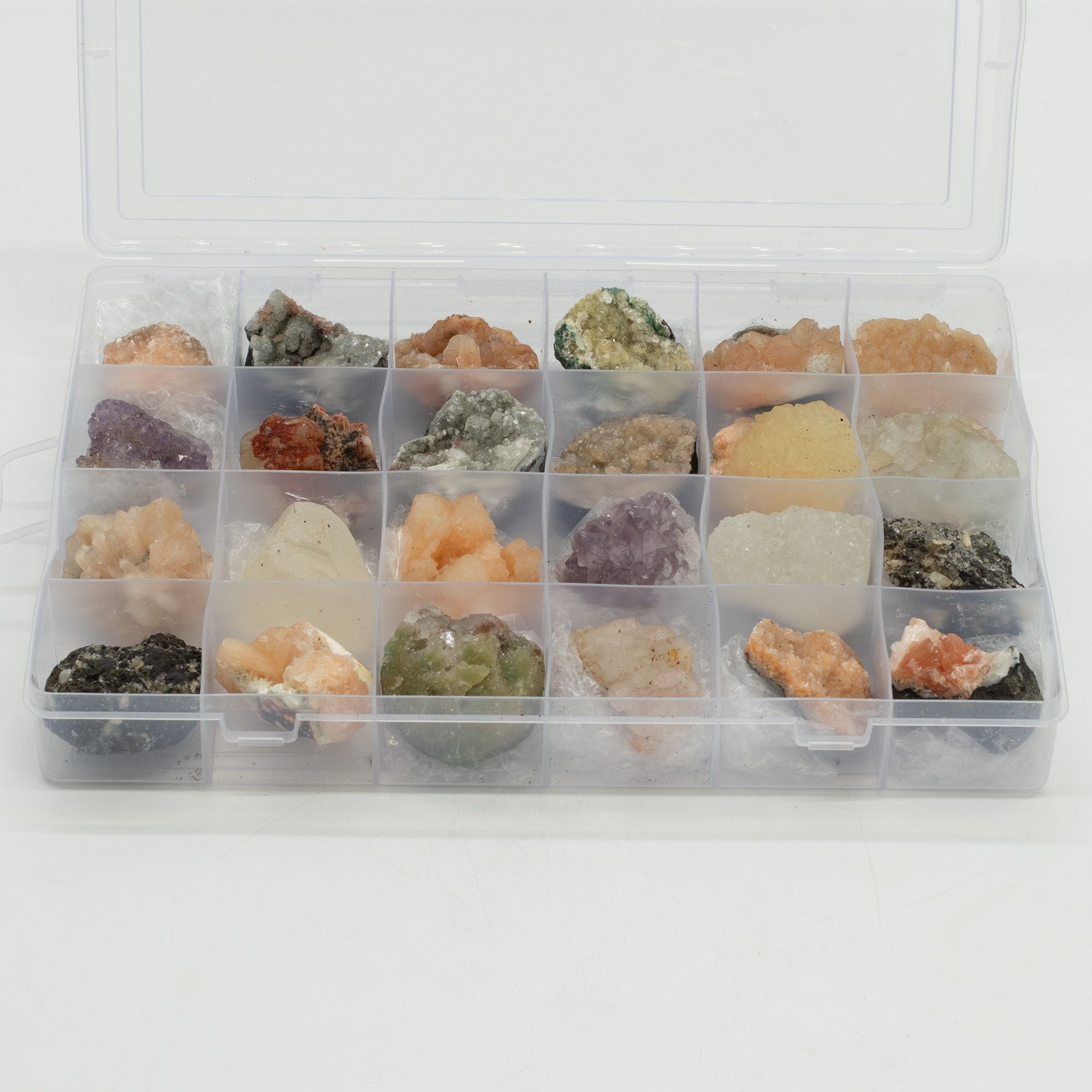 Mineral Specimens - Mixed Indian Zeolites in a Display (White Apophyllite, Stilbite,Finger Quartz, Amethyst, Green Stilbite, Heulandite)
