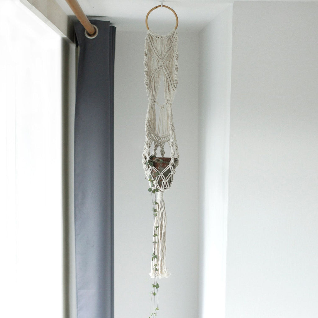 Macrame Pot Holder Long With Ratten Hoop for Home Decor Style