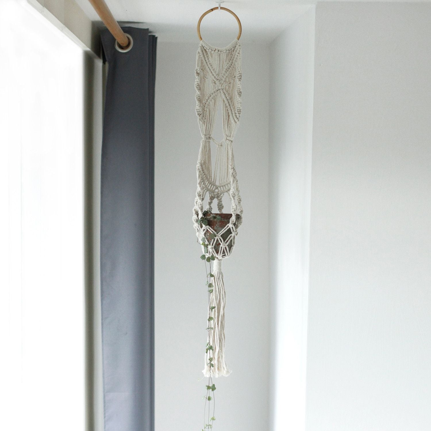 Macrame Pot Holder Long With Ratten Hoop for Home Decor Style