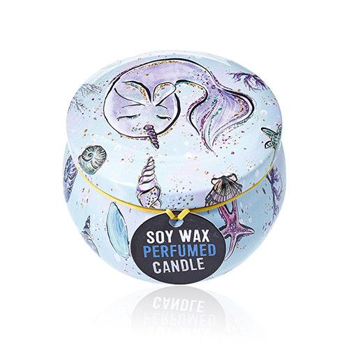Art Tin Candle with Sea Life Design in Raspberry Scented Wax