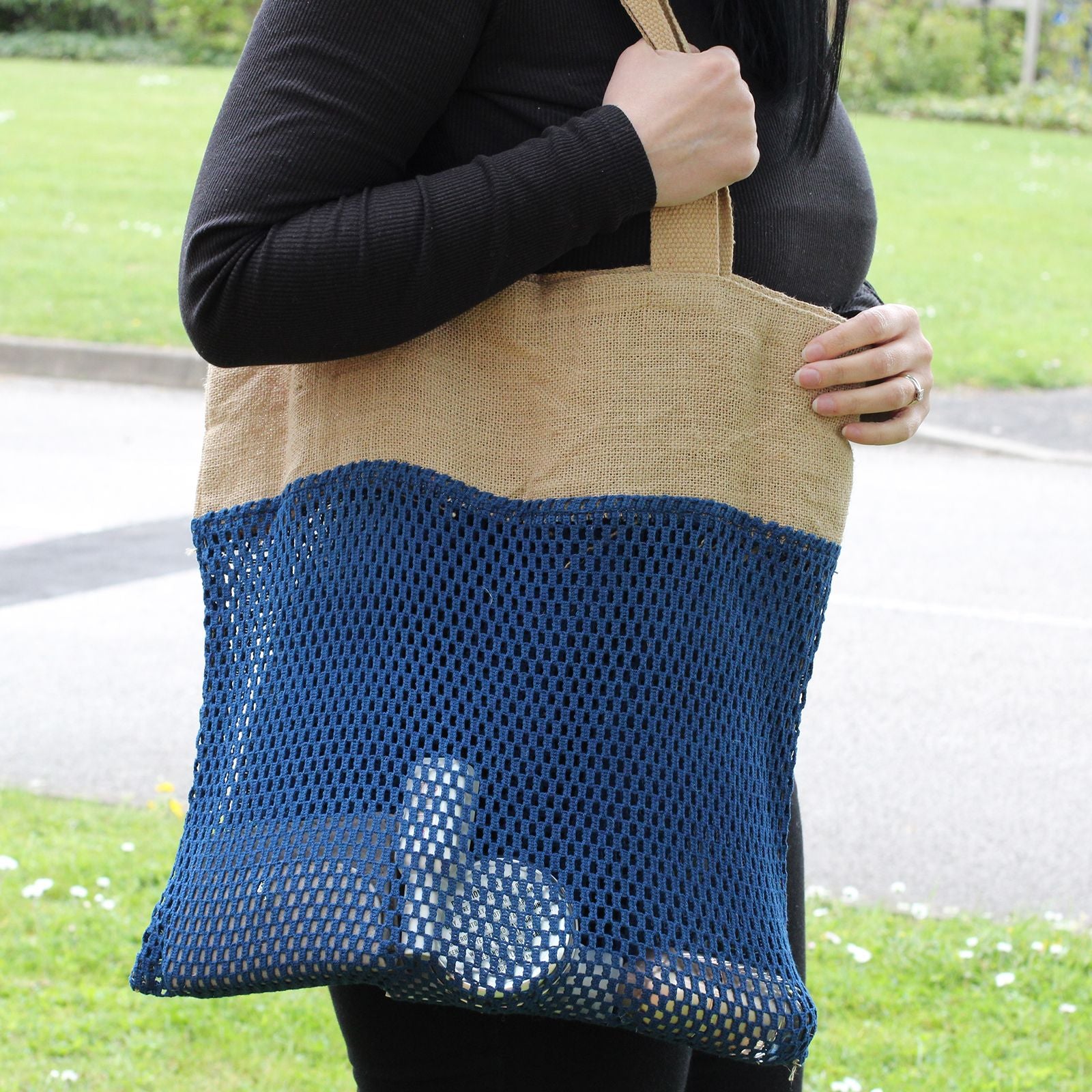 Pure Soft Jute and Cotton Mesh Bag in Black for Everyday Use