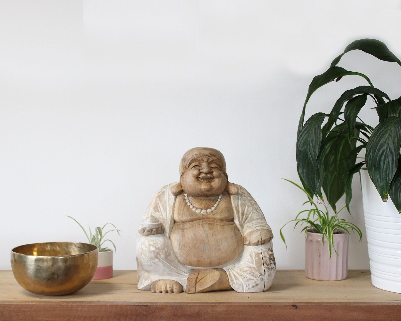 Happy Buddha Whitewash 30cm Hand Carved Decorative Statue