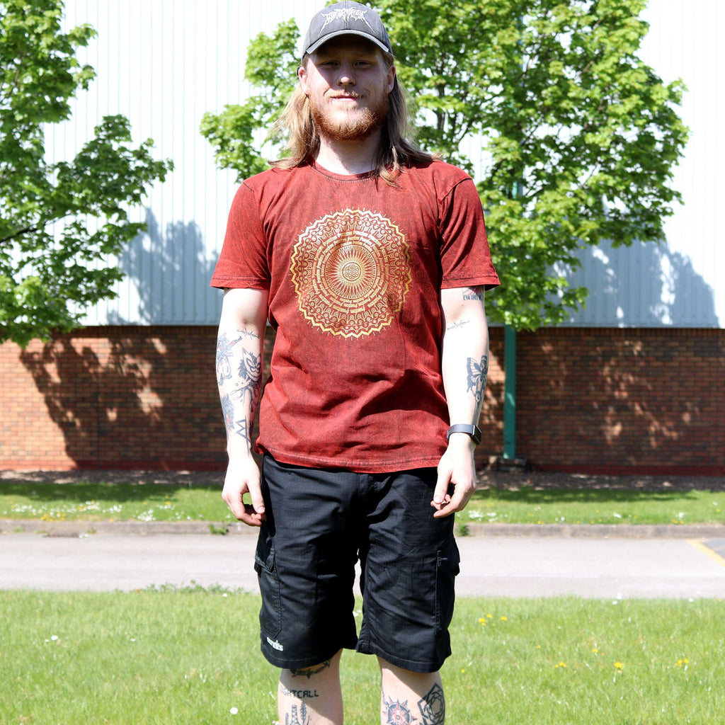 Nomad Sari Stonewashed Cotton T Shirt with Mandala Design Maroon