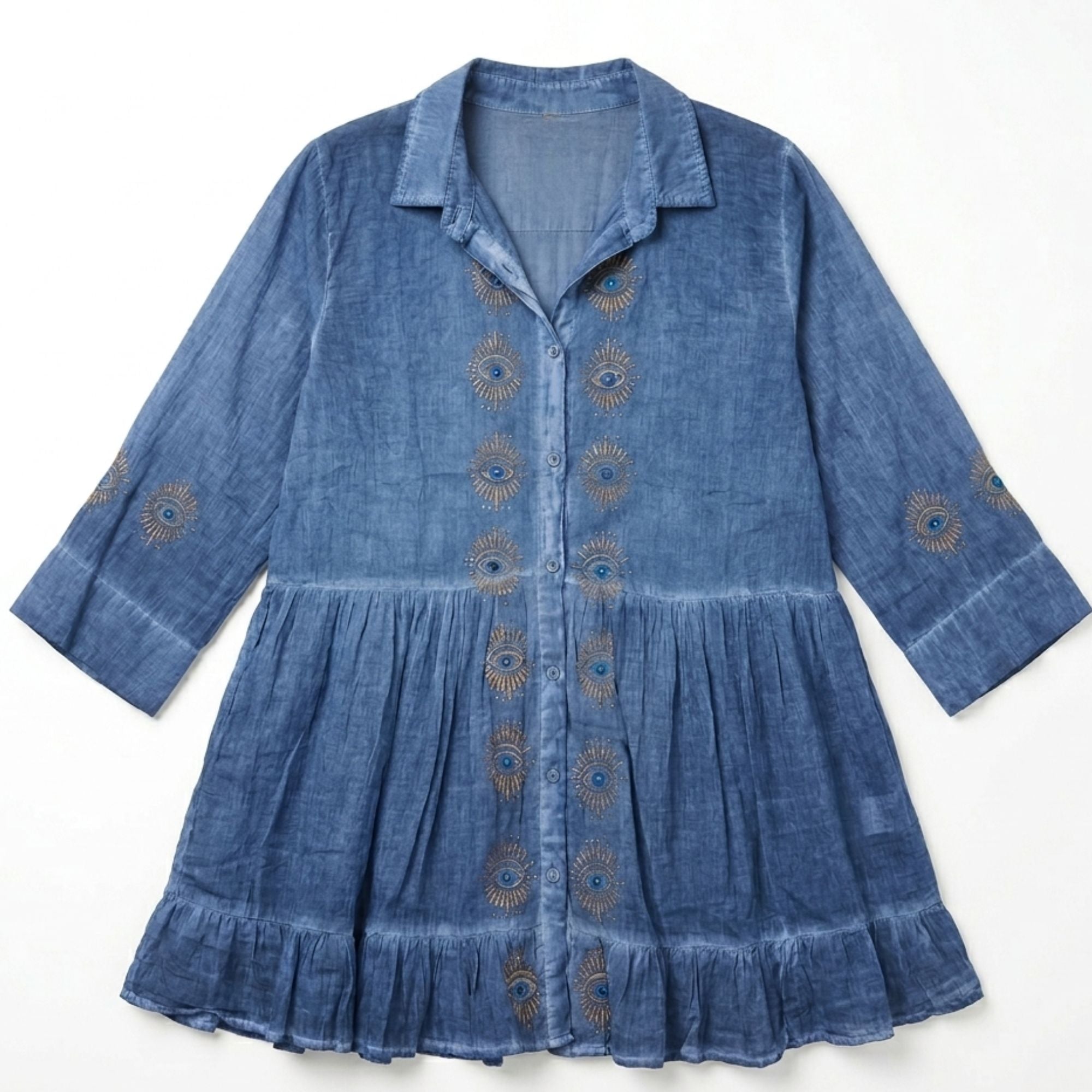 Nomad Sari Tunic Dress in Dusky Blue with Evil Eye Print Design