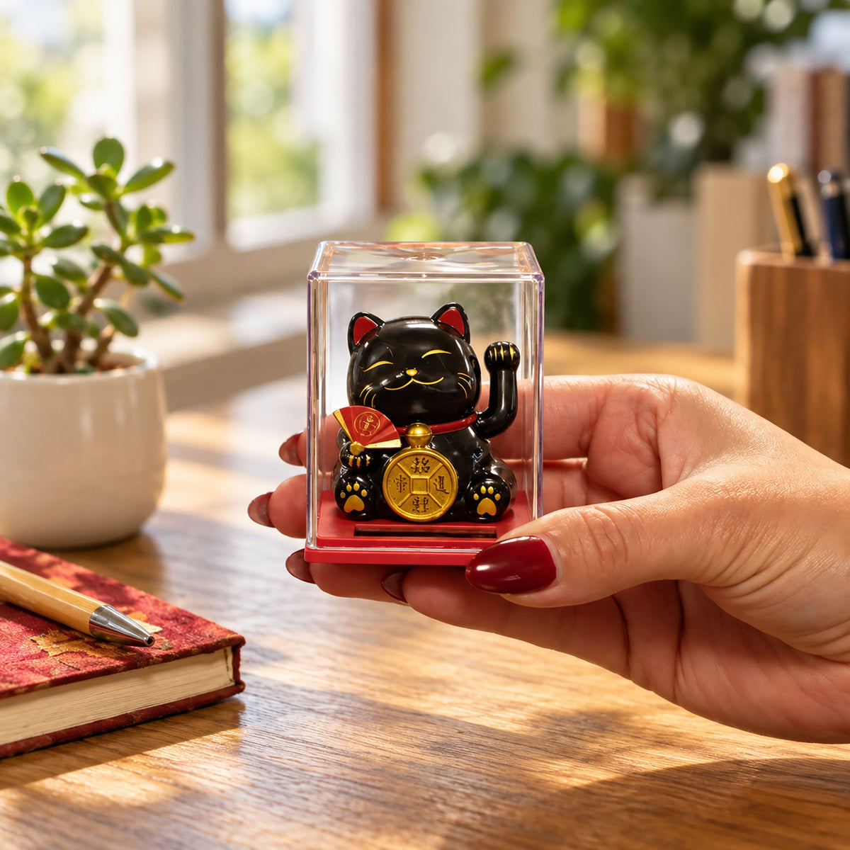 Mini Solar Powered Japanese Lucky Cat in Display Box – Black
