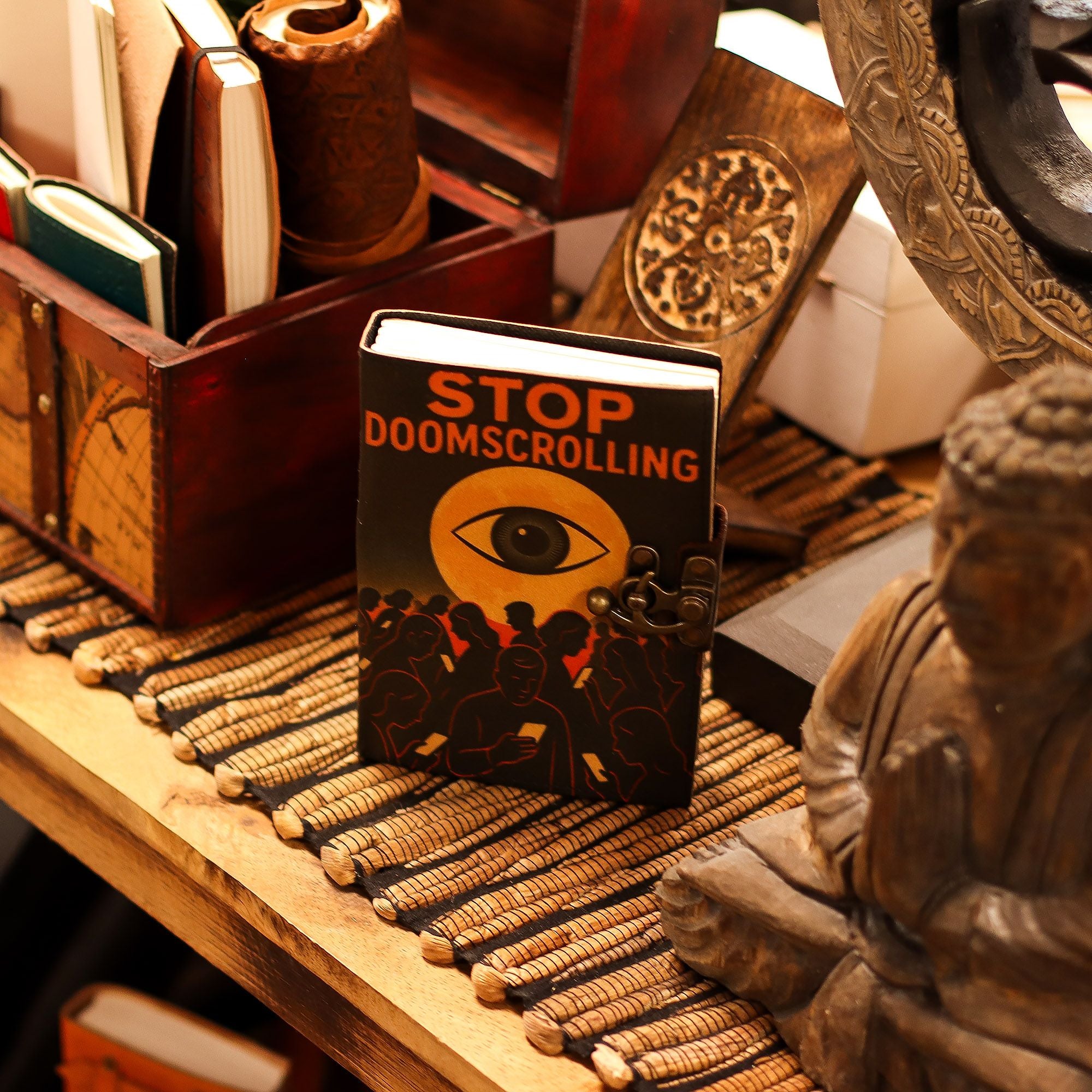 Leather Printed Notebook Stop Doom Scrolling with Vintage Clasp