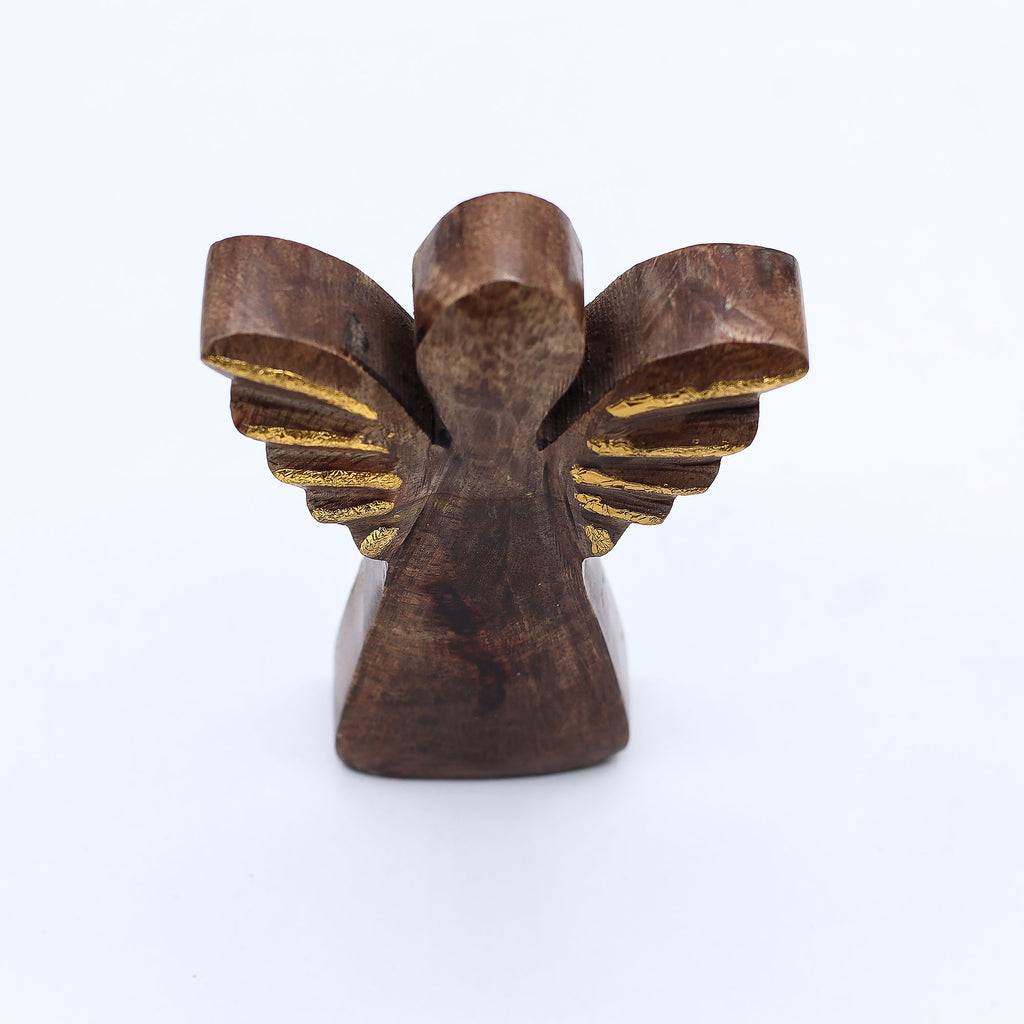 Small Mango Wood Angel with Elegant Gold Wings for Home Decor