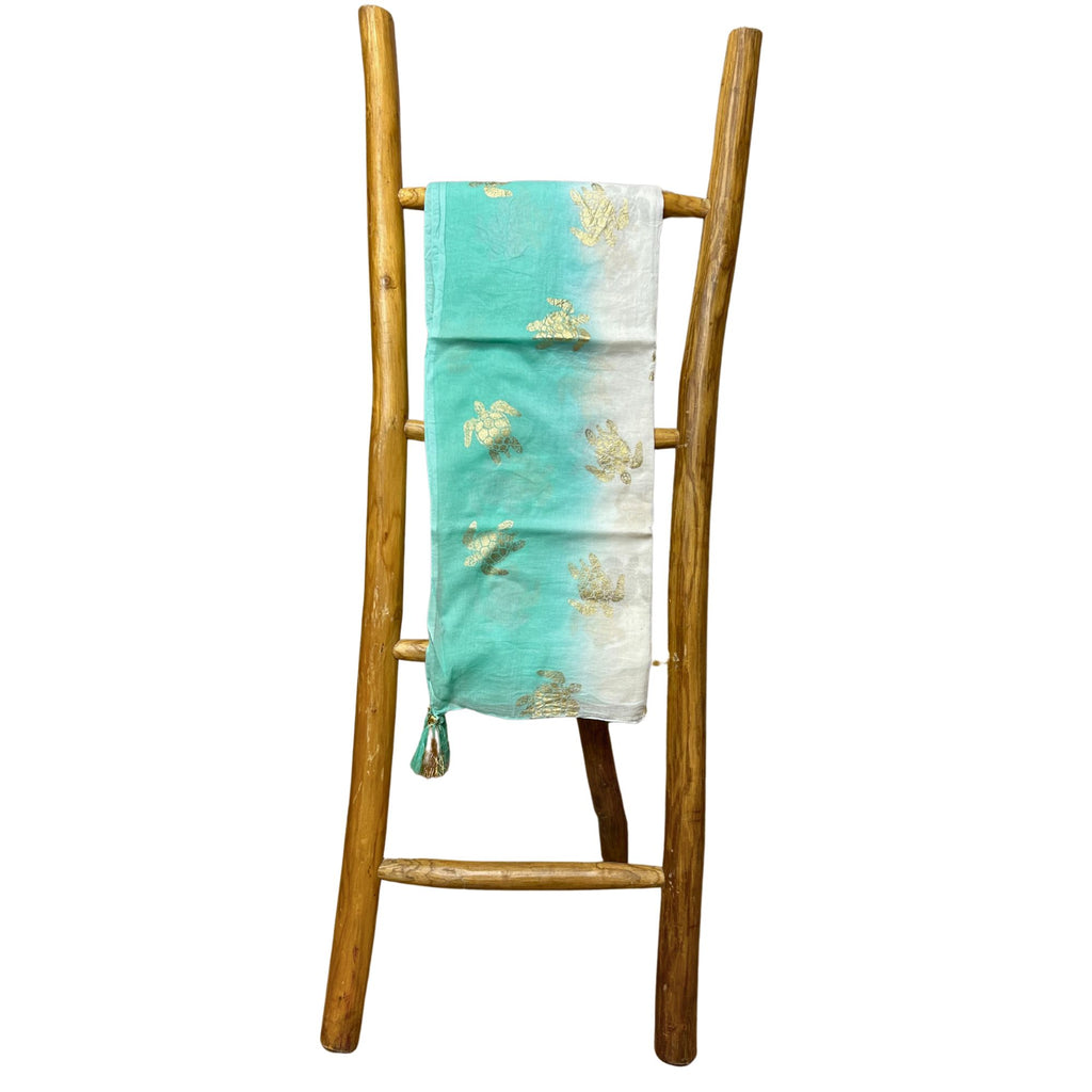 Nomad Sari Pareo in White and Turquoise with Gold Turtle Print