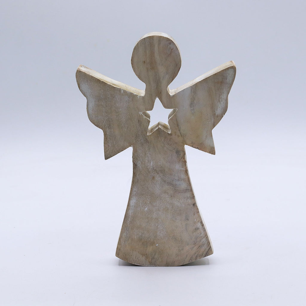 Mango Wood Angel Whitewash with Star Cut Out for Home Decor