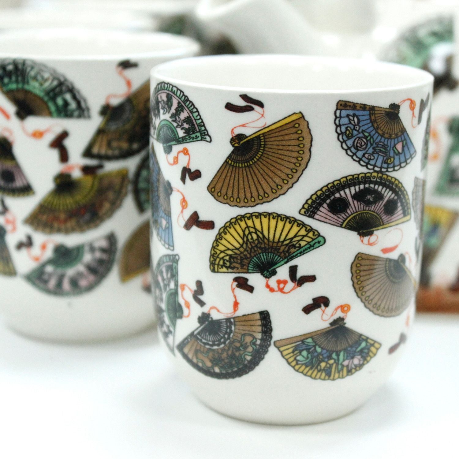 Herbal Teapot Set with China Fans Design and Six Matching Cups