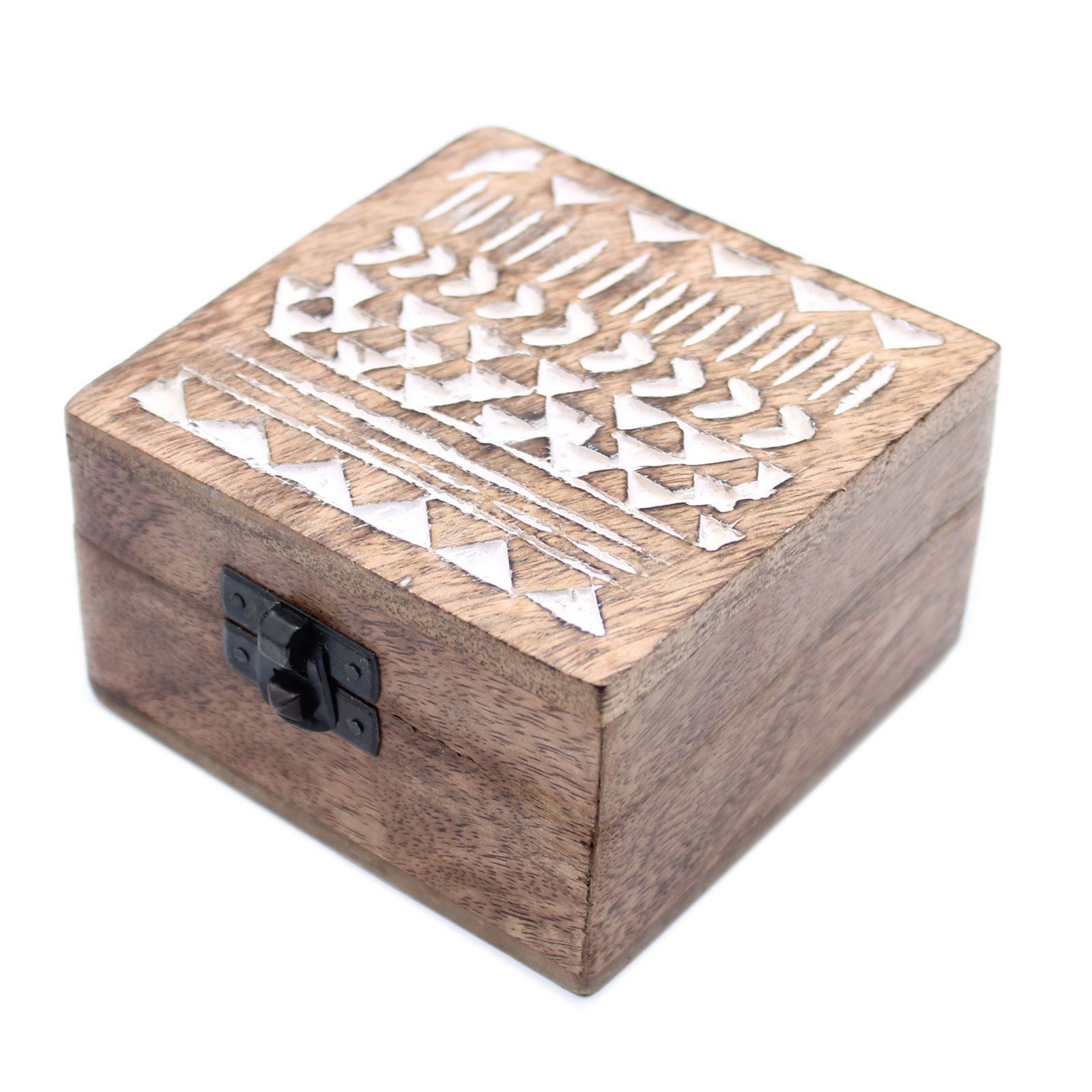 White Washed Wooden Box with Aztec Design for Stylish Storage