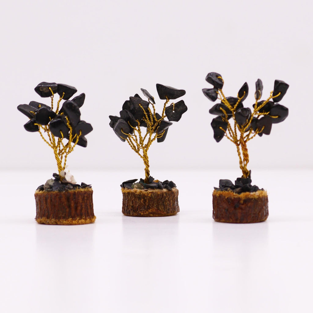Mini Gemstone Tree on Wood Base with 15 Black Agate Stones