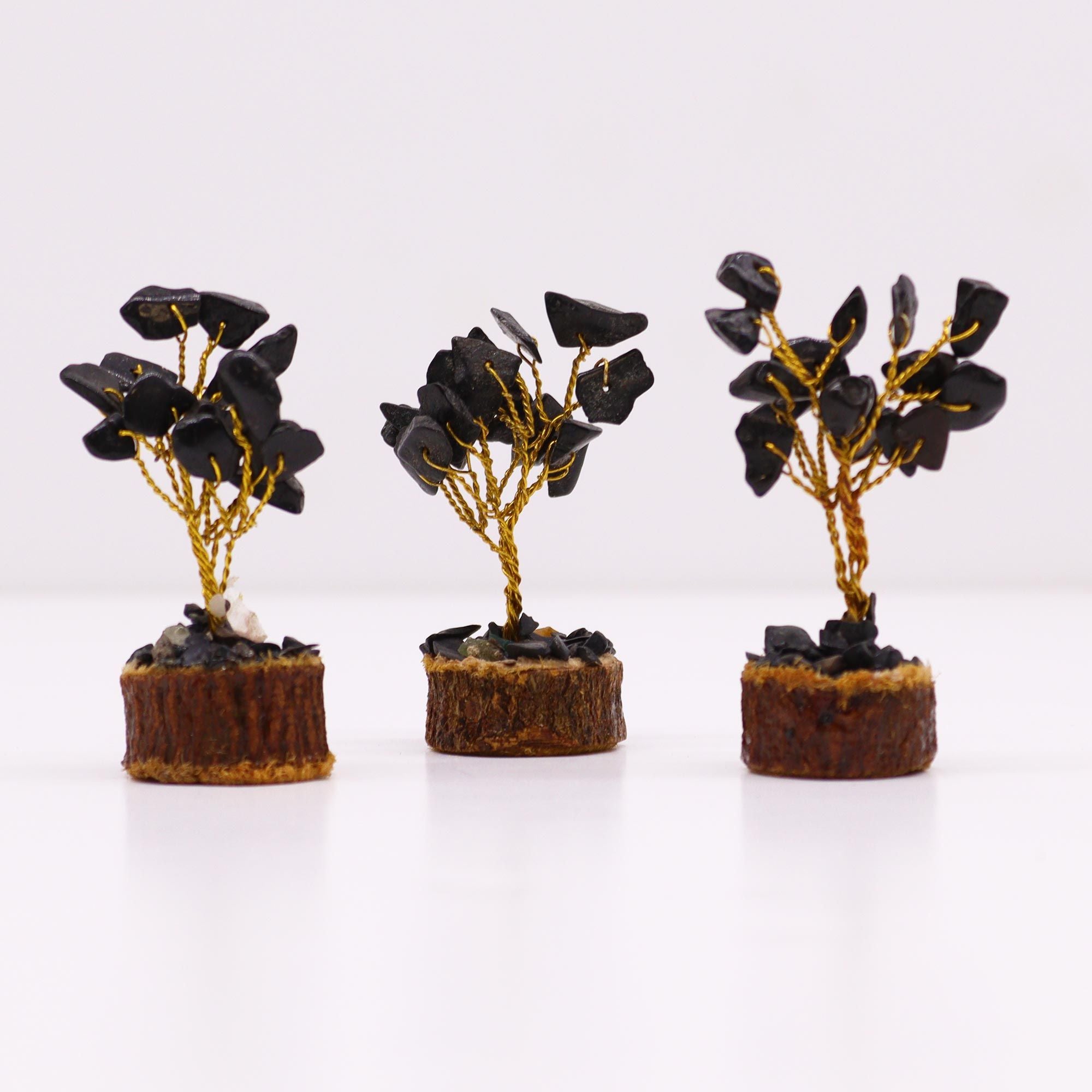 Mini Gemstone Tree on Wood Base with 15 Black Agate Stones