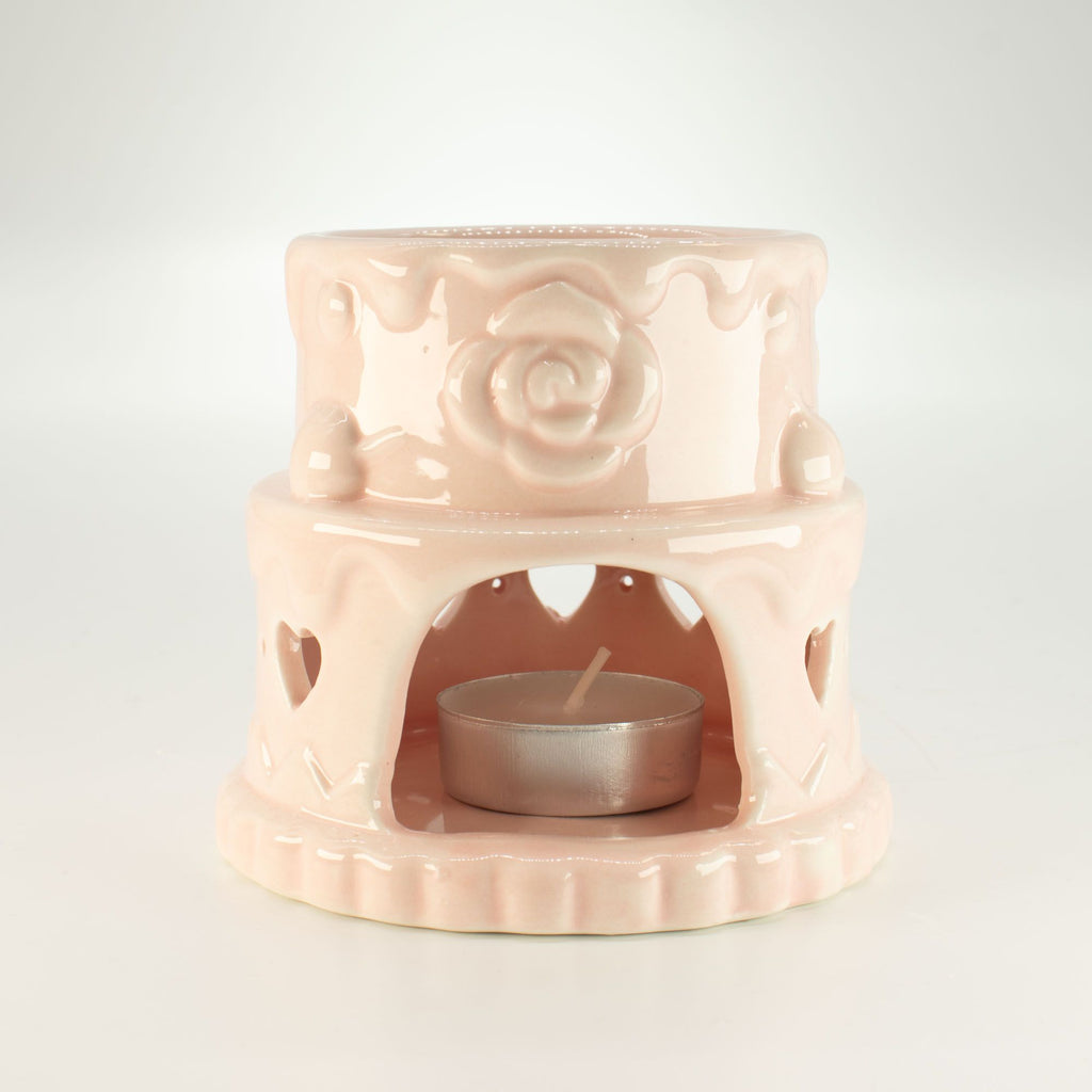 Ceramic Cake Oil Burner with Hearts Design in Charming Pink Shade