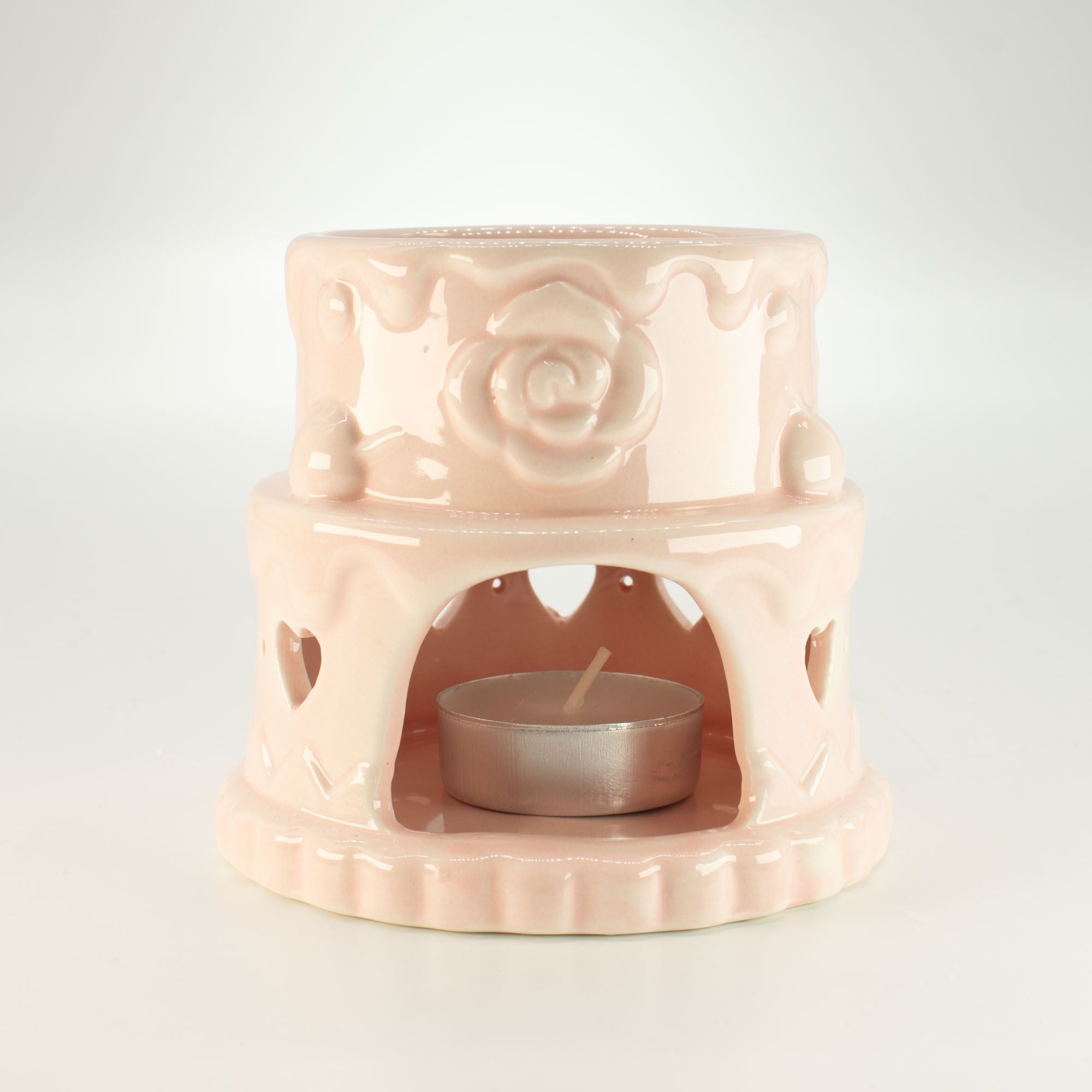 Ceramic Cake Oil Burner with Hearts Design in Charming Pink Shade